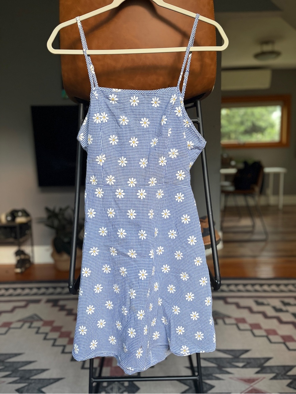 Blue Gingham Daisy Print Summer Slip Dress
